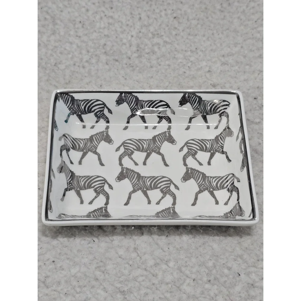 J.Crew Zebra Print Ceramic Trinket Tray Jewelry Dish Silver Trim White Black